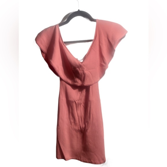 REFORMATION Bateau Neckline Pnk Stretch Banana Ribbed Off Shoulder Mini Dress XS - Picture 4 of 7